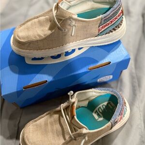 Trendy Tan Kids Moccasins with Patterned Trim